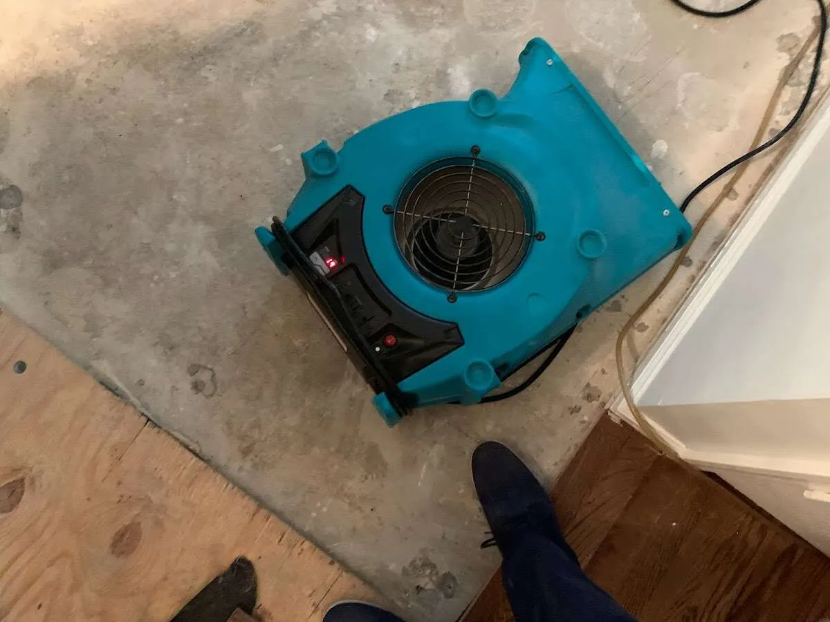 Air mover drying subfloor during Commercial Water Damage Restoration in Farmingdale